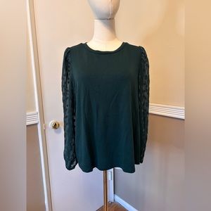 LOFT Dark Green Women's Top with Sheer Sleeves